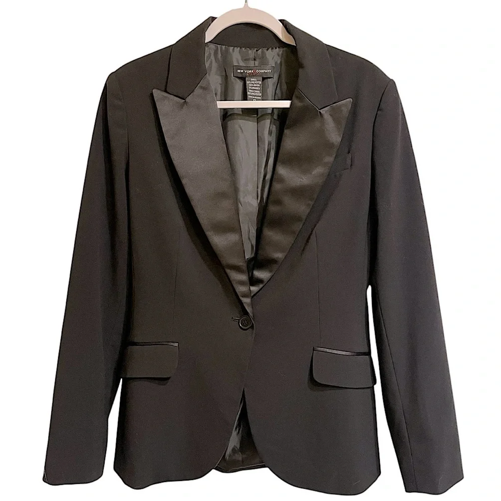 New York & Company Black Tuxedo Style One Button Blazer Jacket Evening Size 12 - Picture 1 of 13
